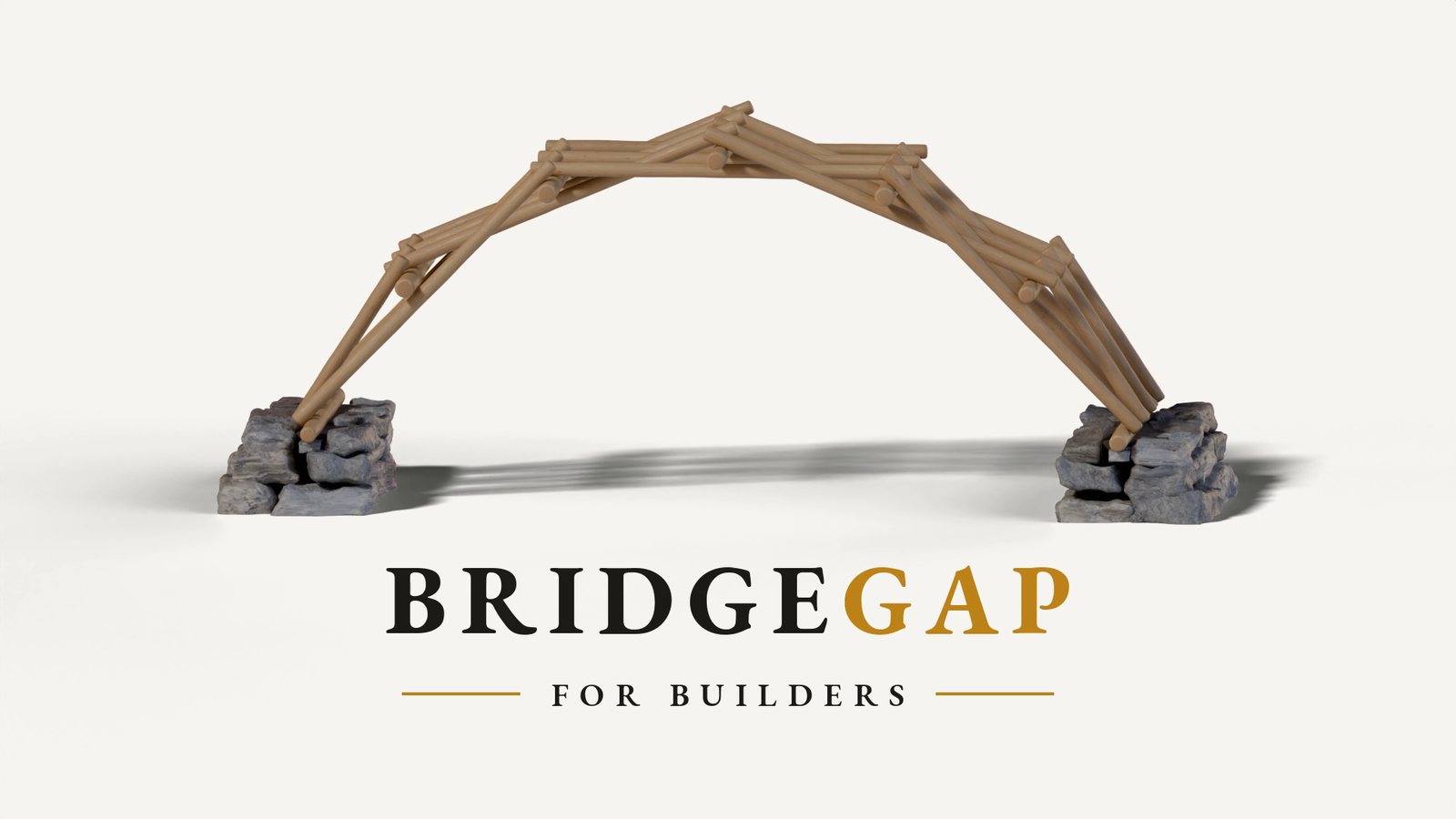 Leonardo da Vinci's self-supporting timber bridge on two fieldstone bases, above the BridgeGap For Builders wordmark